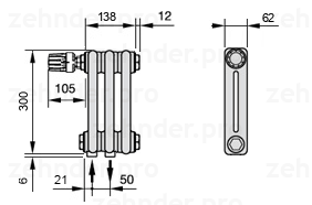 Схема (чертеж) Радиатор Zehnder Charleston 2030/3 №V001 Белый глянцевый RAL 9016